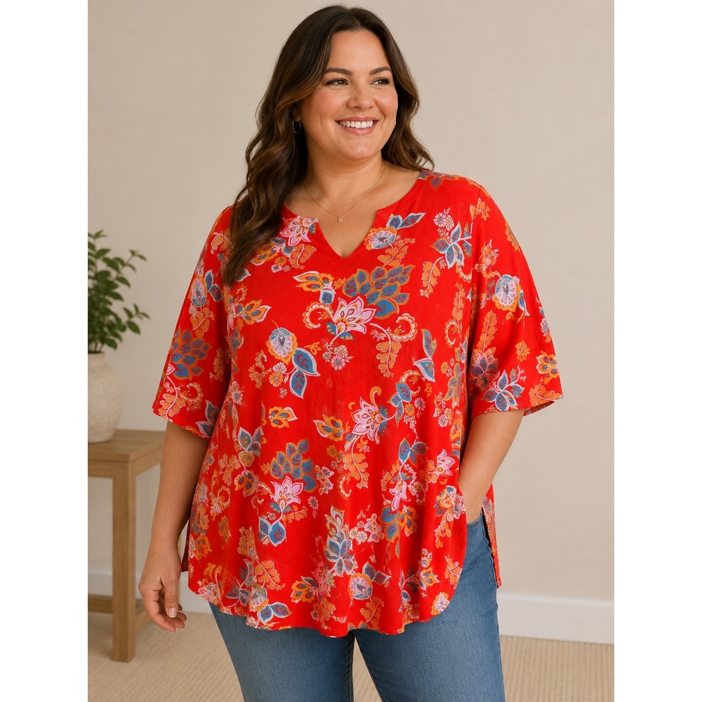 523. Croft & Barrow Womens 3X Red Floral Paisley Split Neck Cotton Top